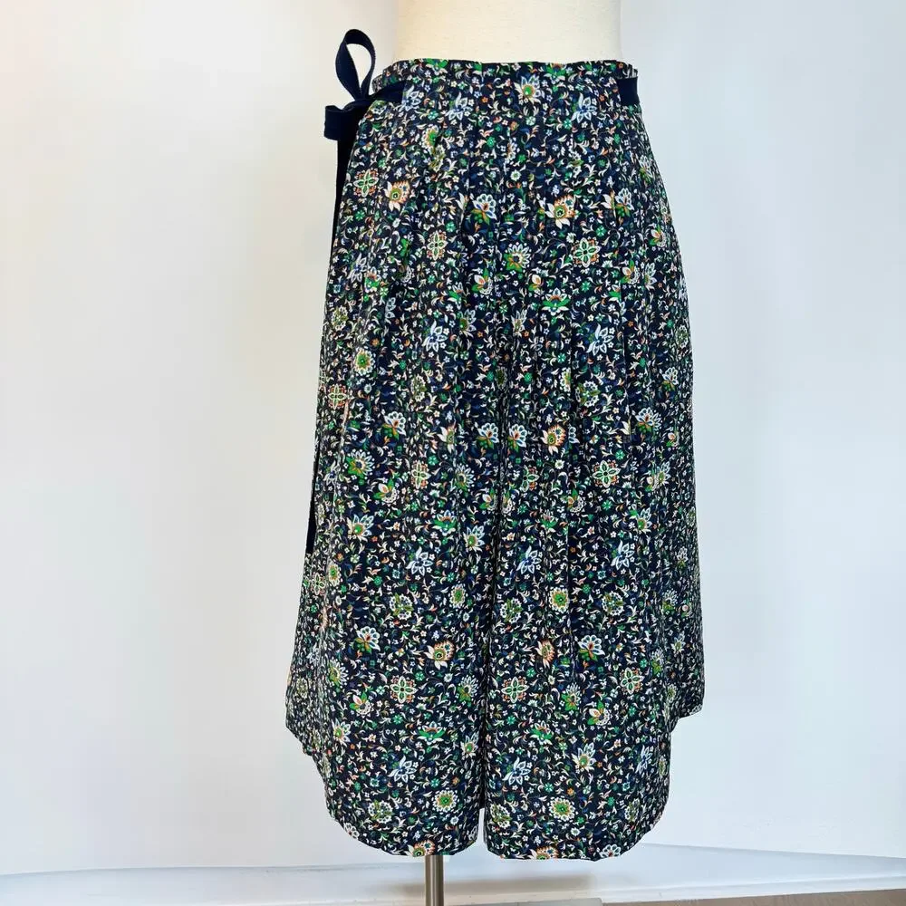 Tory Burch Silk Pleated Wrap Midi Skirt Navy Floral Multicolor Size 6